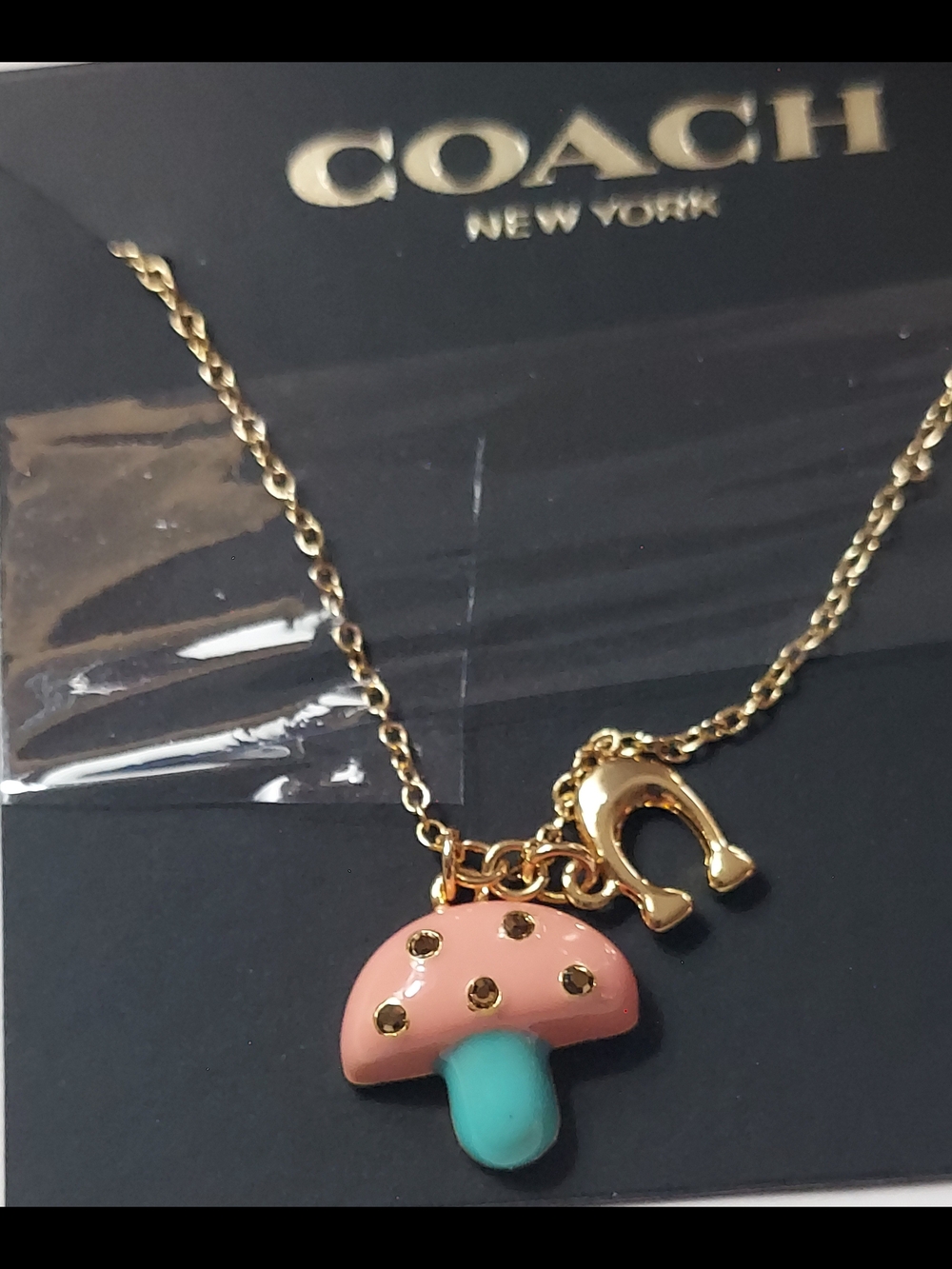 COACH Gold-Tone Necklace with Pink & Turquoise Mushroom Charm